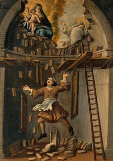 A builder falling from a platform in an apse, St Bruno (?) interceding with the... 18th/ 19th cent. Creator: Unknown.