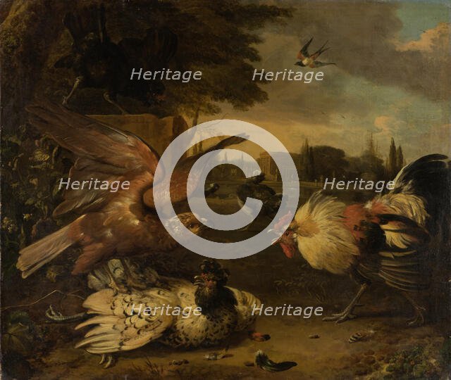 A Cock Defends a Hen from an Attacking Bird of Prey, c1680-1690. Creator: Melchior d'Hondecoeter.