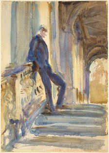 Sir Neville Wilkinson on the Steps of the Palladian Bridge at Wilton House, 1904/1905. Creator: John Singer Sargent.