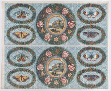 Sheet with two borders with landscapes and moths within wreaths, lat..., late 18th-mid-19th century. Creator: Anon.