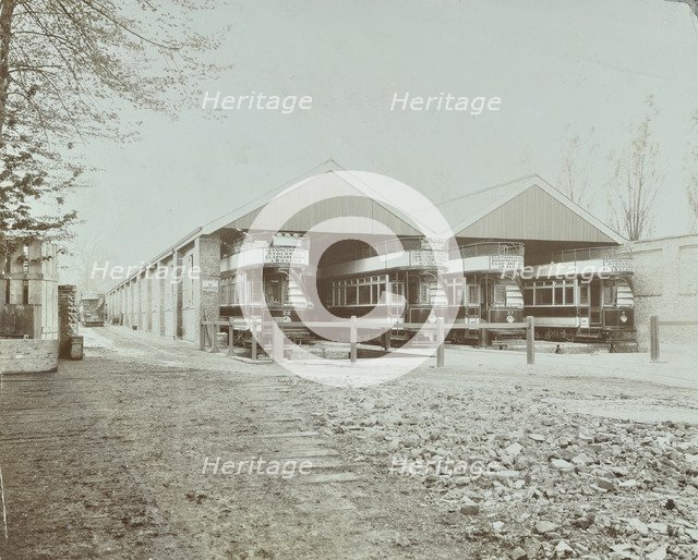 Trams in Balham Car Shed, Wandsworth, London, 1903. Artist: Unknown.