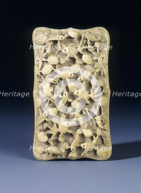 Ivory card case with crabs and fish in high relief, Hong Kong, 1936. Artist: Unknown