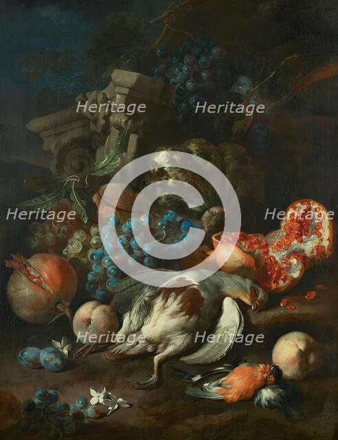 Piece of fruit with dead partridge and bullfinch, 1720. Creator: Franz Werner von Tamm.