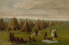 Comanche Village, Women Dressing Robes and Drying Meat, 1834-1835. Creator: George Catlin.