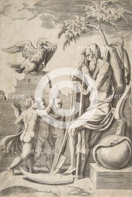 Father Time at the right leaning on a scythe, three naked boys and eagle at the left, 1..., 1531-76. Creator: Giulio Bonasone.