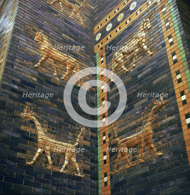 Moulded bricks from the Ishtar Gate showing lions and mushrushu, 7th century BC Artist: Unknown
