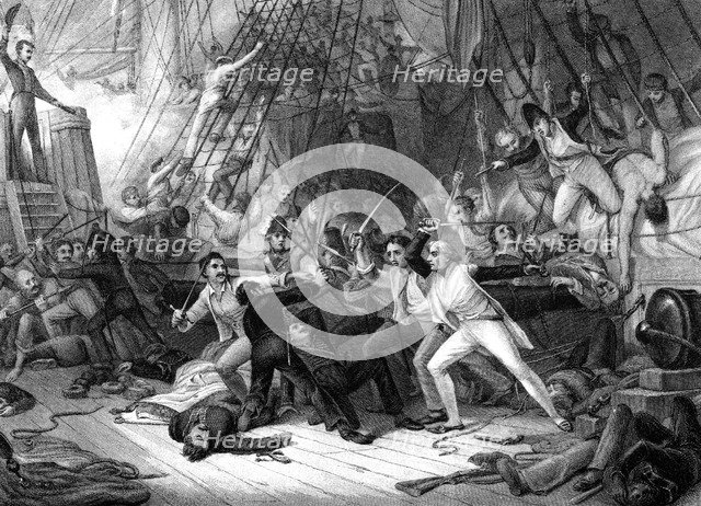 Nelson boarding the 'San Josef', Battle of Cape St Vincent, 1797.Artist: JJ Crew