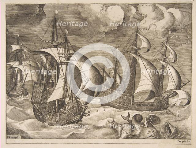 Three Caravels in a Rising Squall with Arion on a Dolphin from The Sailing Vessels, 1561-65. Creator: Frans Huys.