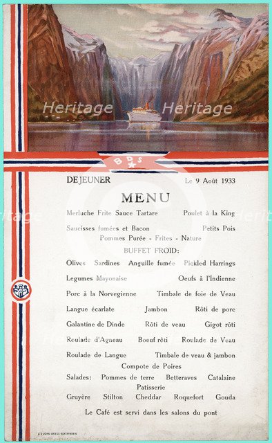 Tourist Menu of a cruise through the Norway fiords, 1933.