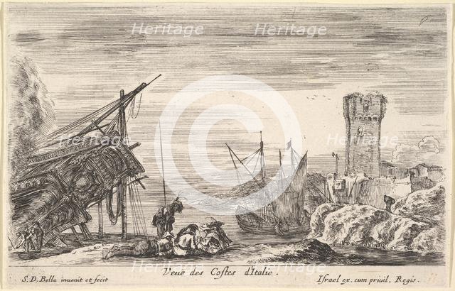 View of the coast of Italy (Veue des Costes d'Italie), the bow of a ship resting to left..., 1647. Creator: Stefano della Bella.