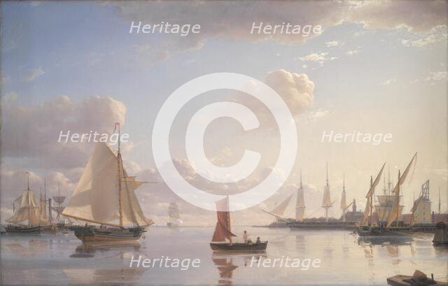 View from Langelinie towards the Royal naval Dockyards at Nyholm, Copenhagen, Morning Light, 1850. Creator: Emanuel Larsen.