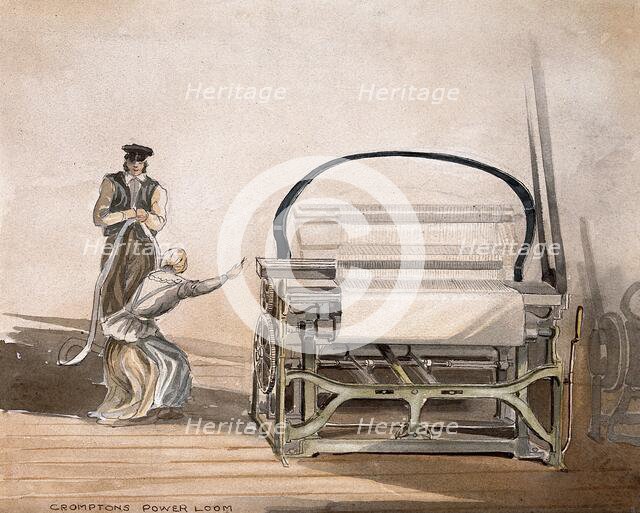 Textiles: Crompton's belt-driven power loom, with a man standing by and a woman working. Creator: Unknown.