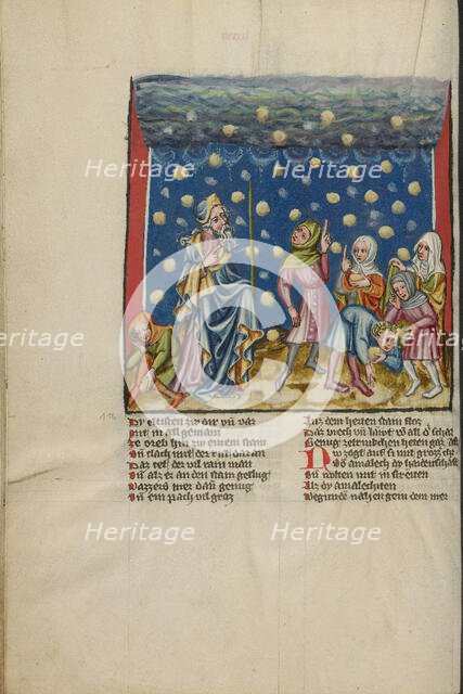 The Israelites Collecting Manna from Heaven; Weltchronik, about 1400-1410. Creator: Unknown.