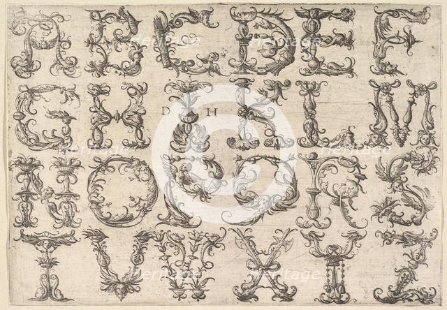 Ornamented Roman Majuscule Alphabet, ca. 1520. Creator: Daniel Hopfer.