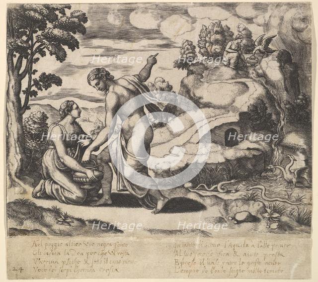 Venus ordering Psyche to take water from a fountain guarded by dragons, from the 'Fable..., 1530-60. Creator: Master of the Die.