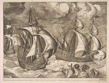 Three Caravels in a Rising Squall with Arion on a Dolphin from The Sailing Vessels, 1561-65. Creator: Frans Huys.