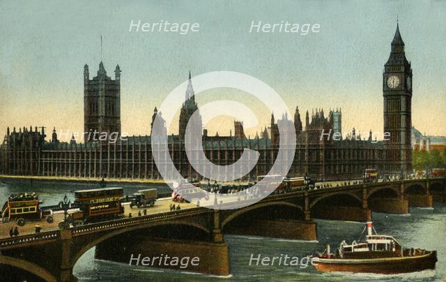 Westminster Bridge and the Houses of Parliament, London, c1910. Creator: Unknown.