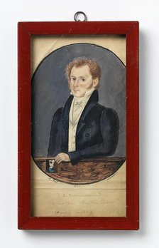 Johann Ludolph Schladermund holding his Wife's Portrait (poorly painted), 1832. Creator: A. Bull.