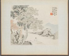 Album of Landscape Paintings Illustrating Old Poems: Three Big Trees, a Stream..., 1700s. Creator: Hua Yan (Chinese, 1682-about 1765).