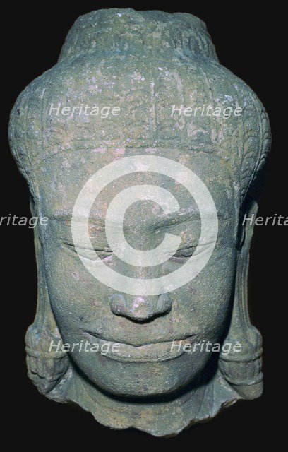 Stone sculptured head in Angkok style, 10th century. Artist: Unknown