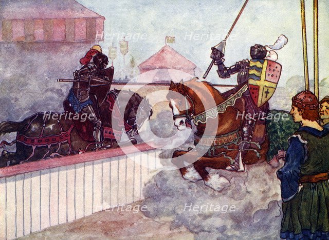 'The Count rode again and again at Edward till his lance was splintered in his hand', c1270, (1905).Artist: A S Forrest