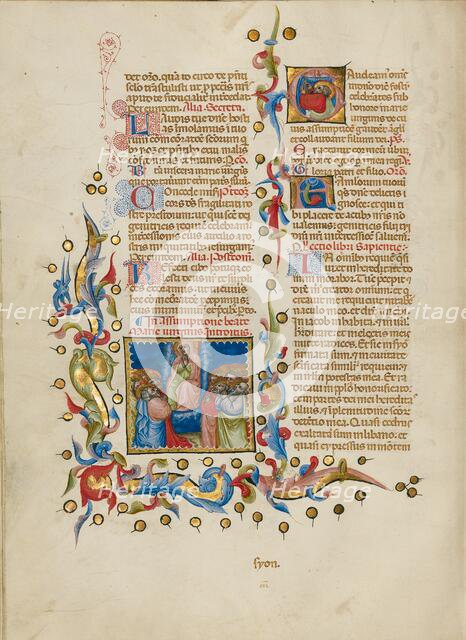 The Assumption of the Virgin: Initial G: Saint Thomas Receiving the..., between about 1389 and 1400. Creator: Master of the Brussels Initials.