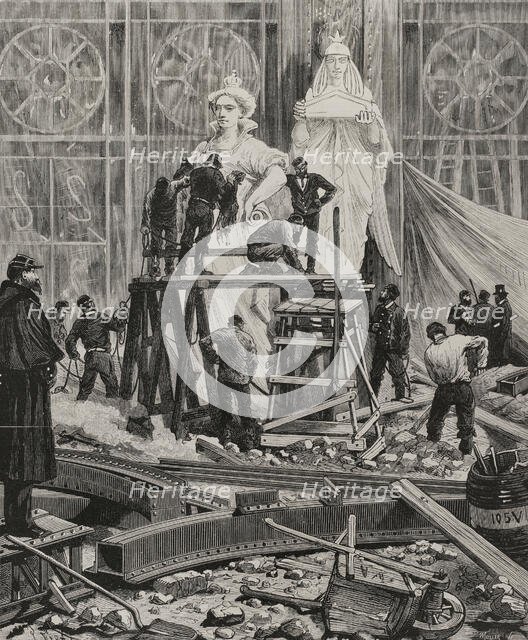 Final preparations for the placement of the allegorical statues on the...Paris Exposition, 1878. Creator: Unknown.