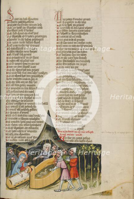 Jesus Healing the Wounds of the Robbed Merchants; Weltchronik, about 1400-1410. Creator: Unknown.