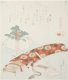 Koto and New Year’s Offering, illustration for The Akoya Beach Shell (Akoyagai), from the ..., 1821. Creator: Hokusai.