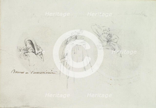 Three Costume Sketches of a Bonnet, a Cloak, and a Hat, ca. 1785-90. Creator: Anon.