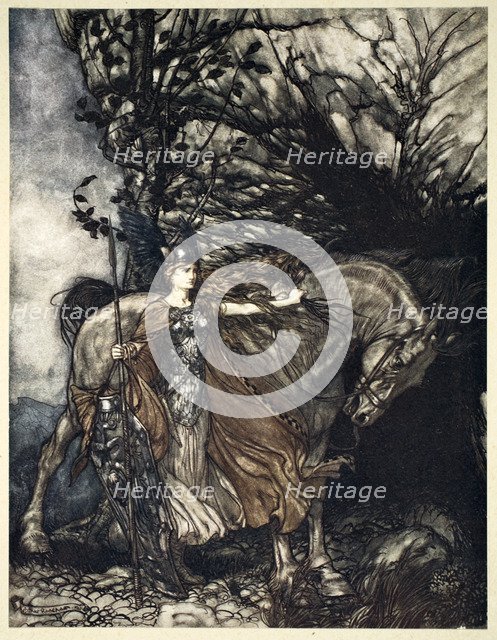 'Brunnhilde with her horse at the mouth of the cave', 1910.  Artist: Arthur Rackham