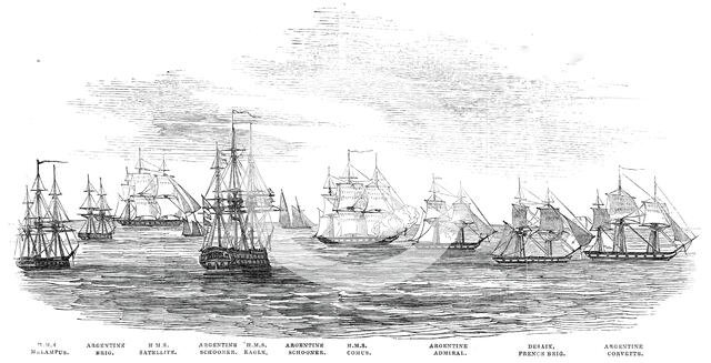 Capture of the Argentine Squadron, off Monte Video - from a sketch by a correspondent, 1845. Creator: Unknown.