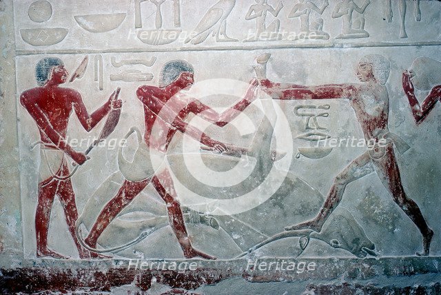 Wallpainting of 3 butchers cutting up a carcase, Tomb of Idut, 5th Dynasty, c2350 BC. Artist: Unknown