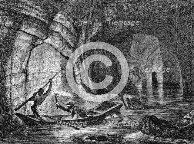 Exploring a subterranean river in the Mammoth Cave, Kentucky, USA, c1870. Artist: Unknown