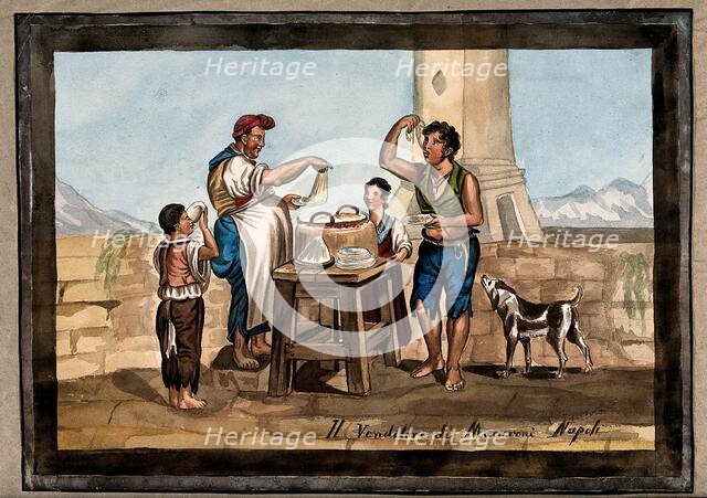 A young man and two smaller children in Naples stand around the stall of a man selling..., 1800-1899 Creator: Unknown.