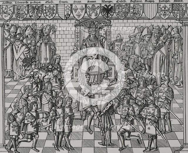 Pope Urban II, (1042-1099) preaching at the Council of Clermont, 1095, 1522 (1877).  Creator: Unknown.