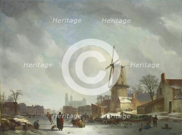 Frolicking on a Frozen Canal in a Town, 1830-1837. Creator: Abraham Johannes Couwenberg.