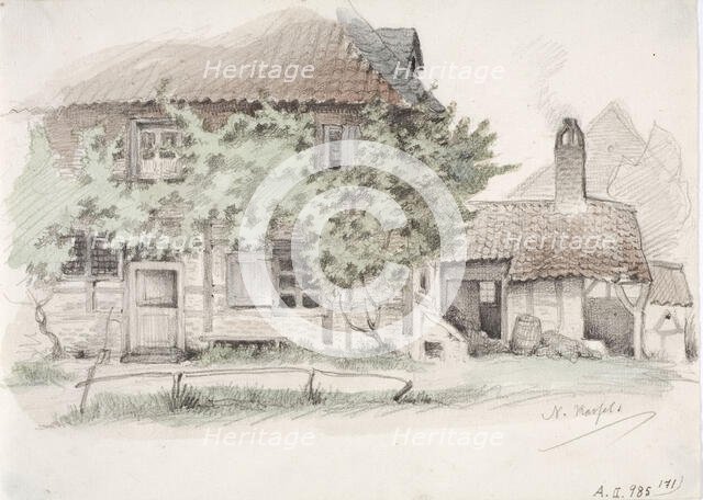 A German peasant half-timbered house with a tiled roof, 1850-1855. Creator: Karl Anders Ekman.