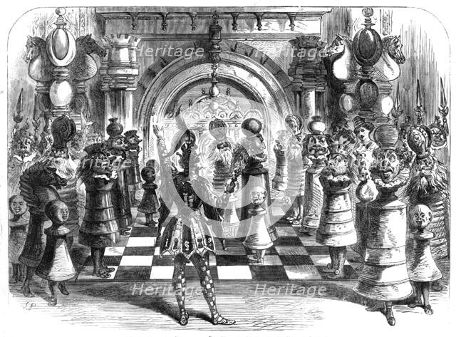 Scenes from the Christmas pantomimes:..."King Chess" - giving check to the Queen, 1865. Creator: Unknown.