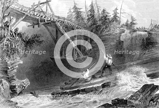 A timber slide and a bridge across the Ottawa river, Ontario, Canada, 1842.Artist: J Sands