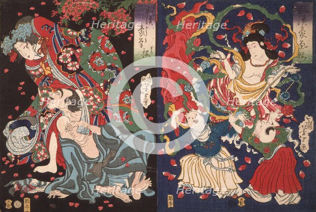 Seigen and Sakurahime; Angel with Two Children, 1868. Creator: Tsukioka Yoshitoshi.