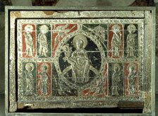 Front in polychromed wood and stucco, in the center Madonna and Child, from the church of Sant Ll…