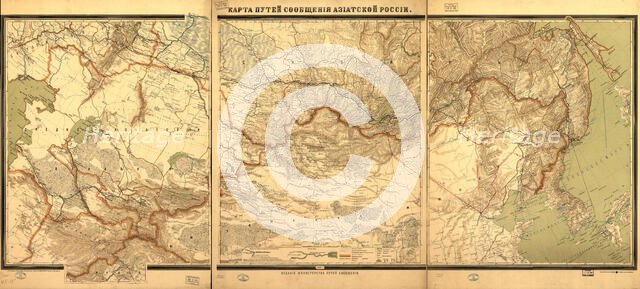 Wall map showing Russian railroads, navigable rivers, highways, and shipping routes, 1901. Creator: Unknown.