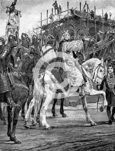 Edward the Confessor watching the building of Westminster Abbey, c1050, (c1920).Artist: Richard Caton Woodville II