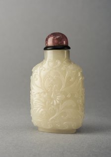 ade snuff bottle with carving of foliage, China, Qing dynasty, 1644-1911. Creator: Unknown.