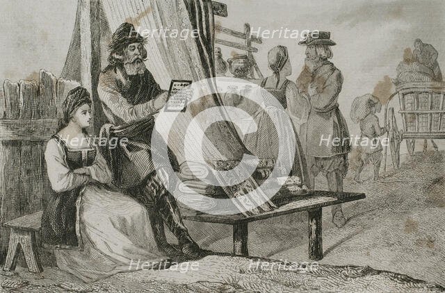 Russian merchant makes calculations by means of an abacus, 1839.  Creator: Augustin François Lemaitre.