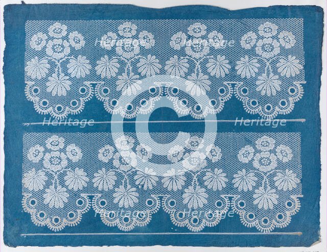 Blue sheet with two borders with a white floral and lace pattern, la..., late 18th-mid-19th century. Creator: Anon.