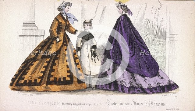 Two women and a child wearing the latest fashions, 1864. Artist: Anon