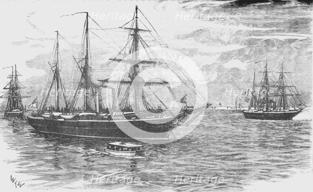 'HMS Iris, with the Gunboats Beacon and Decoy, Blockading Damietta', c1882. Artist: Unknown.