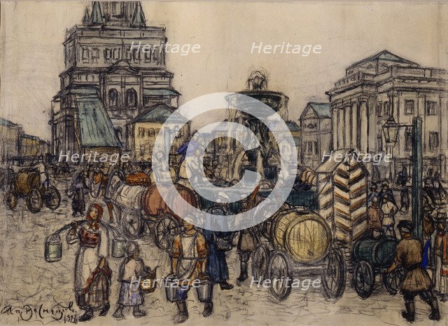 The Fountain on the Sukharevskaya Square in the 19th century, 1921. Artist: Vasnetsov, Appolinari Mikhaylovich (1856-1933)